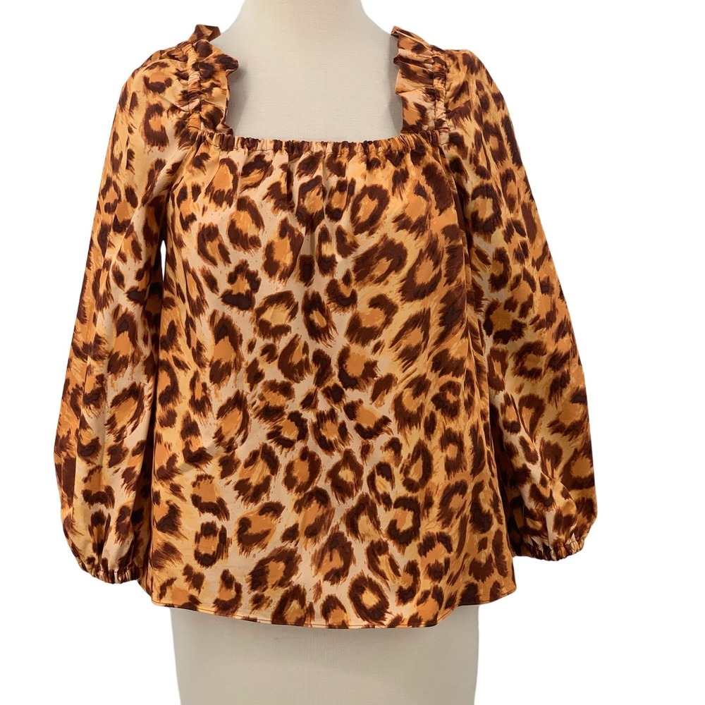 Kate Spade New York Panthera Leopard Pullover Square Neck Ruffled Top Size S